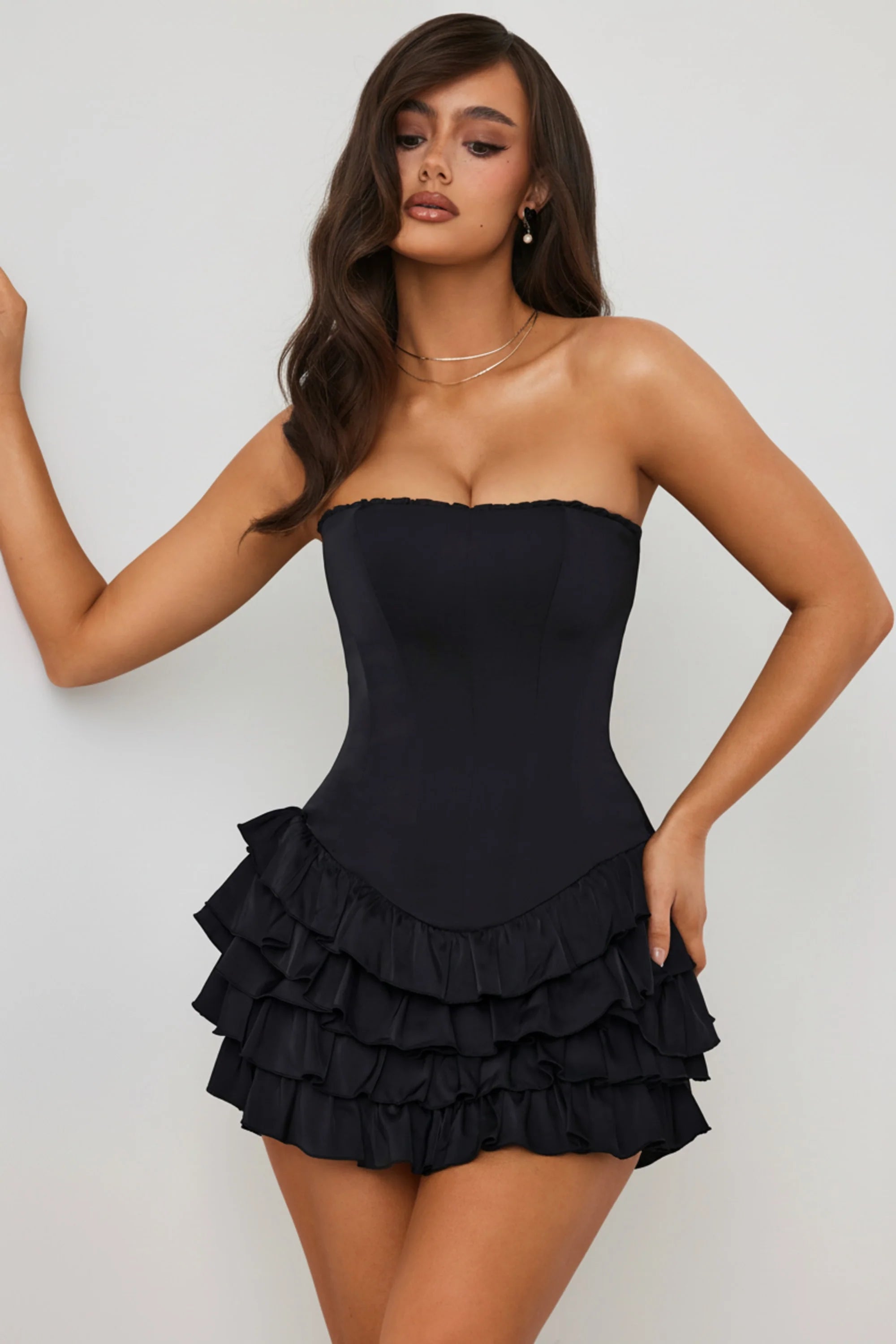 Bandeau Ruffled Tiered Corset Mini Dress in Black