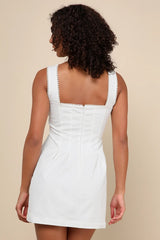 Pure Hearted White Pearl Square Neck Sleeveless Mini Dress