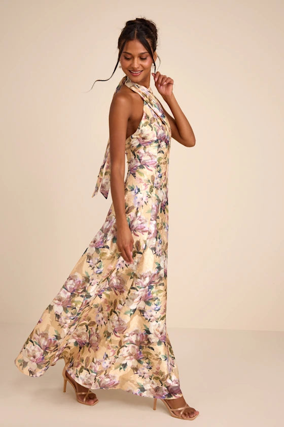 Samana Light Yellow Multi Floral Cross-Front Maxi Dress