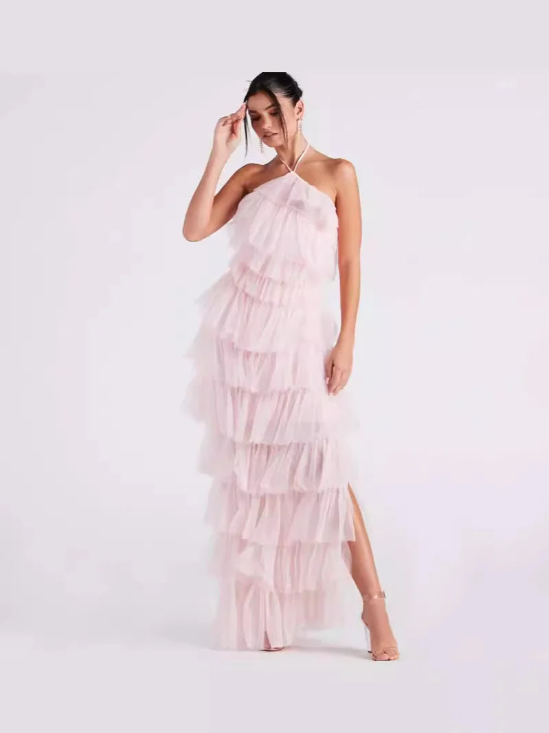 Formal Tulle Long Dress - Pink