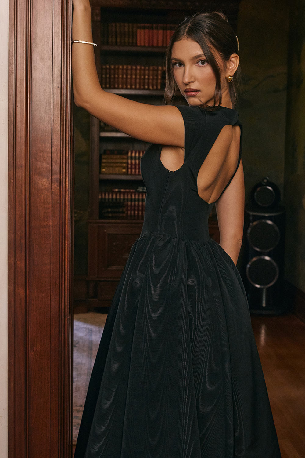 black moire satin backless midi dress