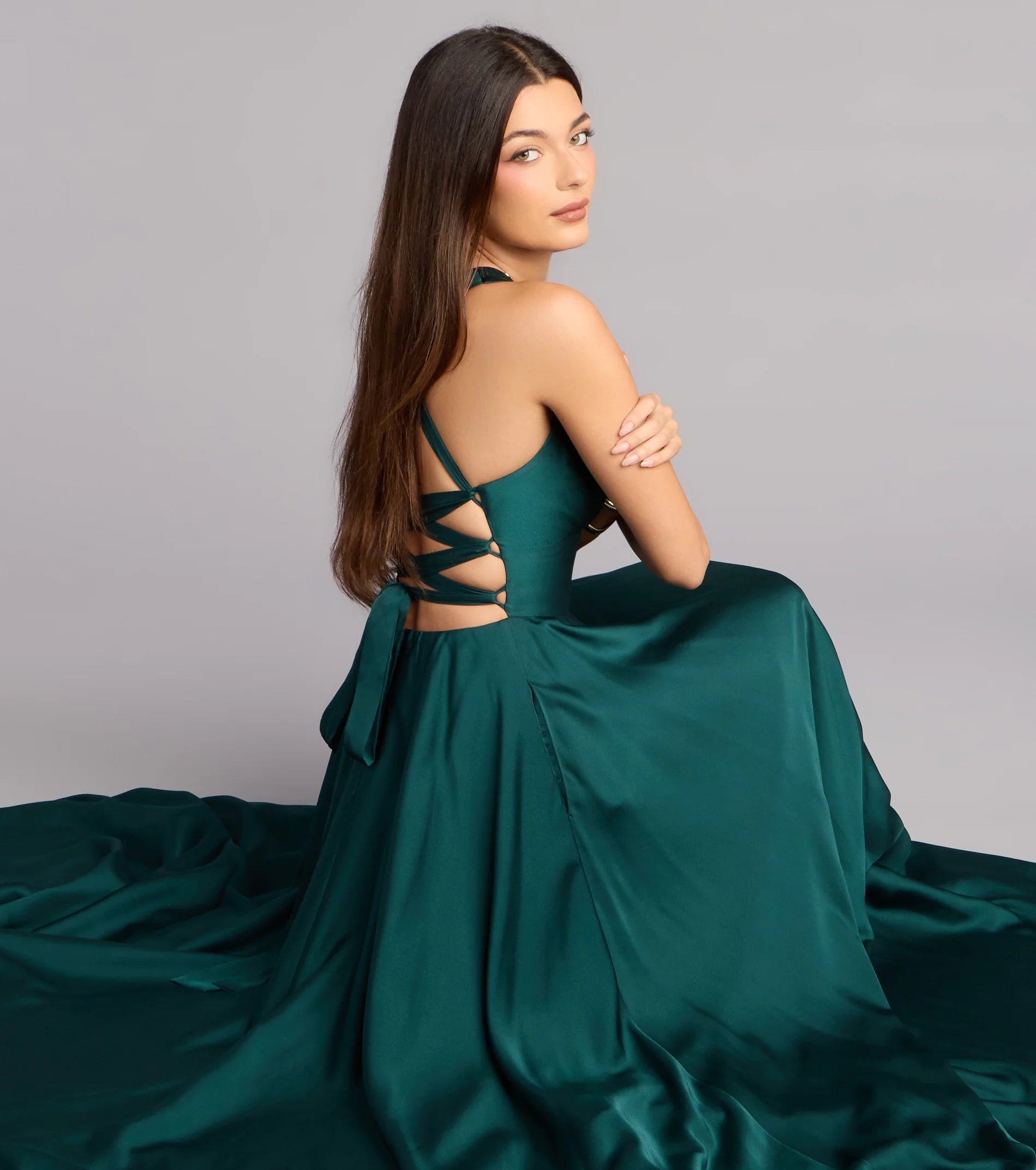Abbey Lace-Up Slit A-Line Satin Formal Dress