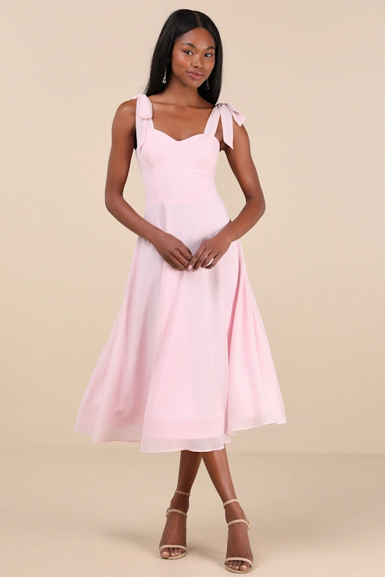 Sophisticated Charisma Light Pink Tie-Strap A-Line Midi Dress