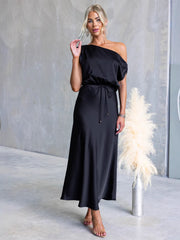 Solid Color One-shoulder Sleeveless Belted Casual Maxi Dress