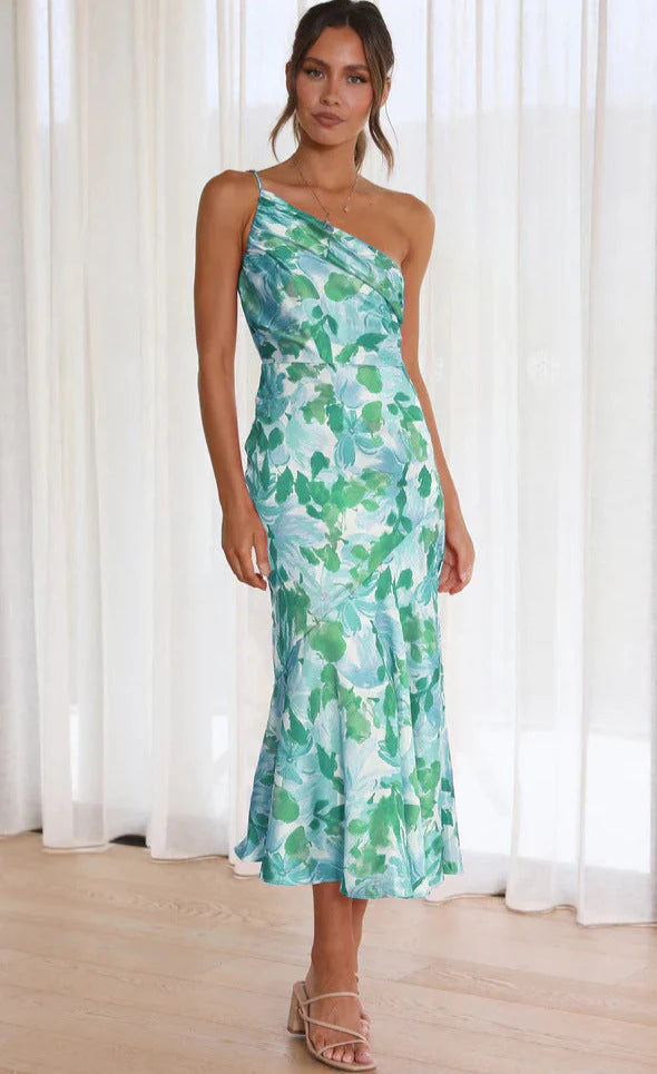 Aeris | Long asymmetrical dress with floral pattern