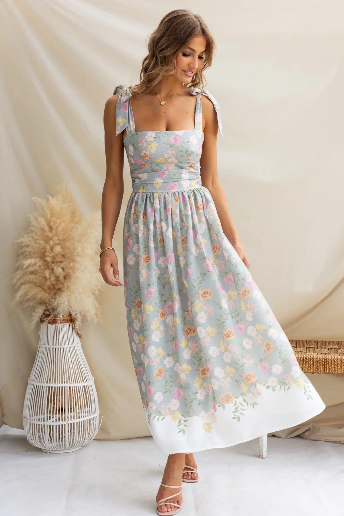 Printed Tie Shoulder Midi Cami Dress