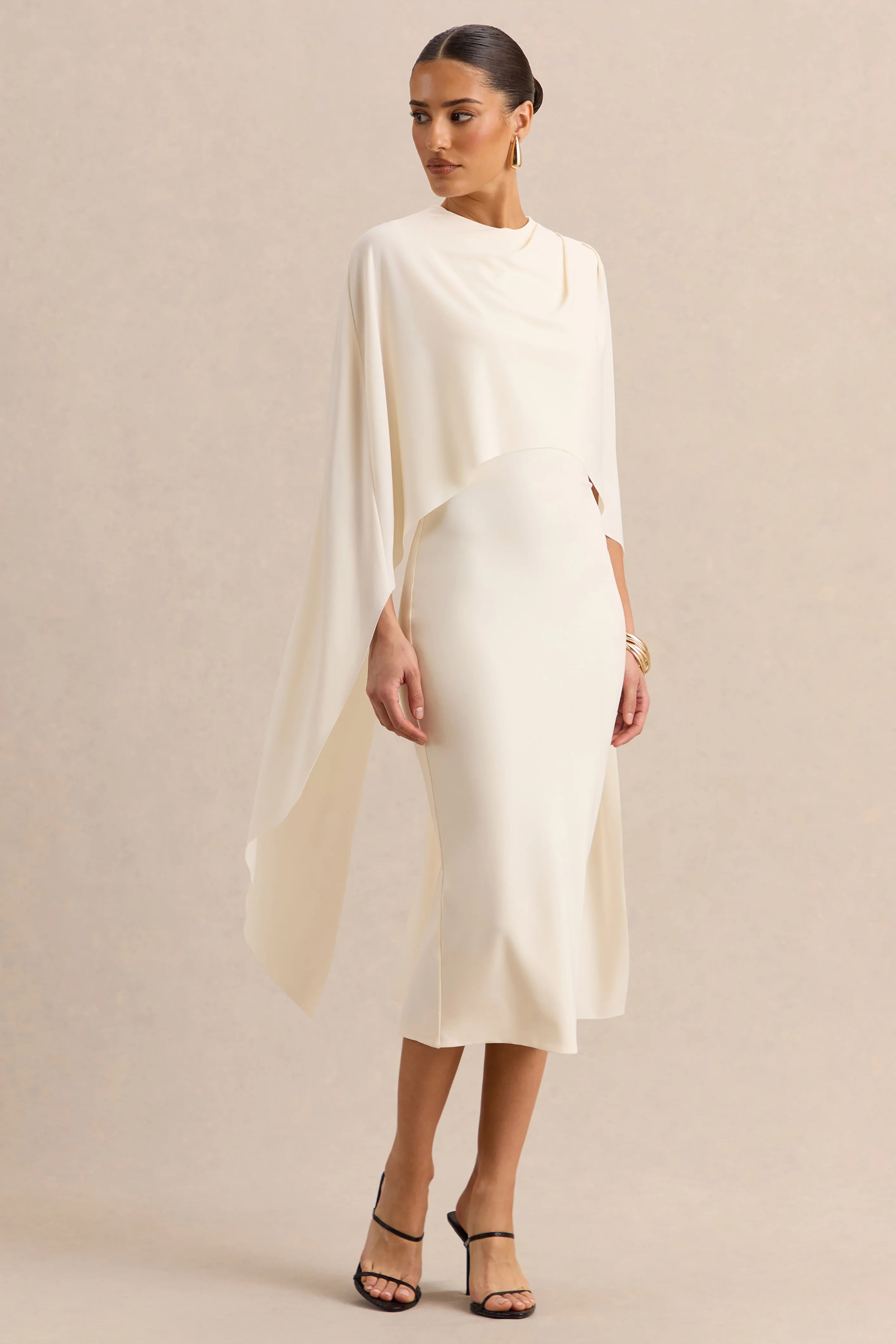 Luxalyn | Cream Round-Neck Midi Dress With Cape-Detail