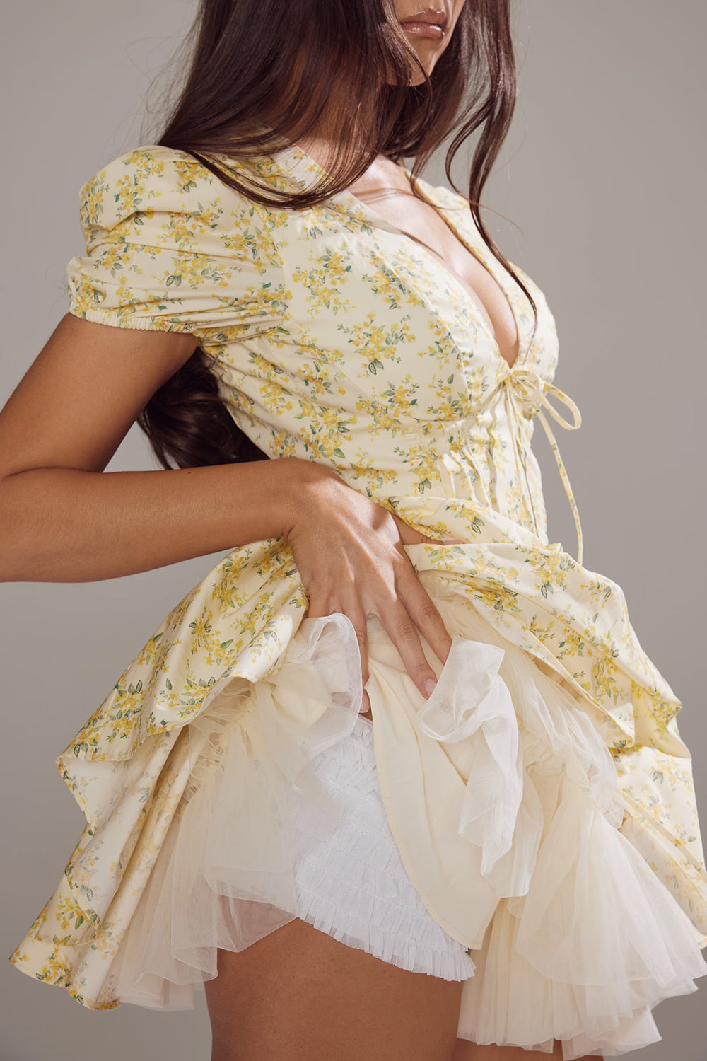 buttercup vintage floral print pleated cotton mini dress