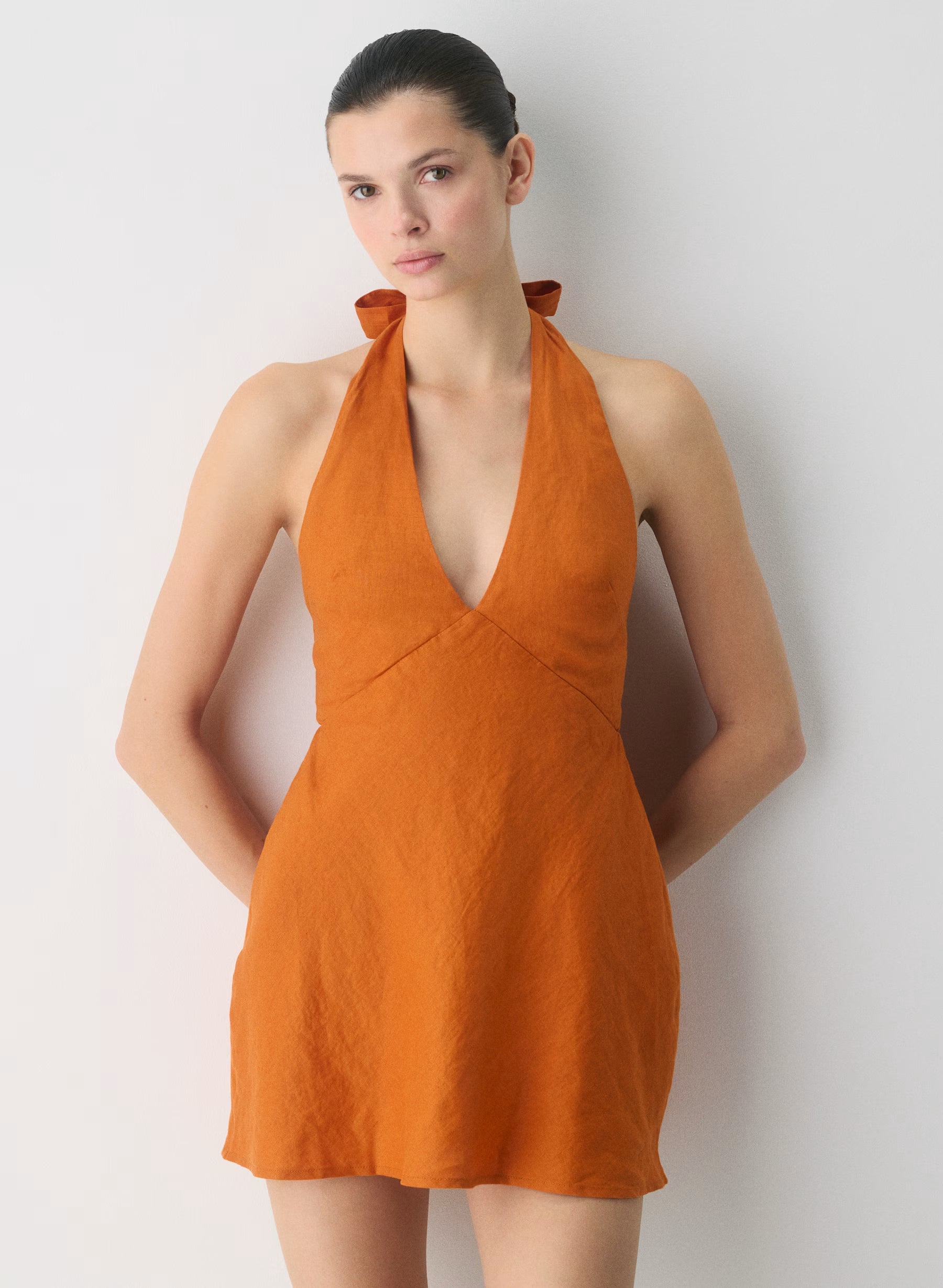 Nightscape Linen Halter Micro Dress-mesa orange