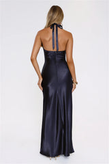 Sleek Halter Neck Cutout Satin Maxi Dress Navy