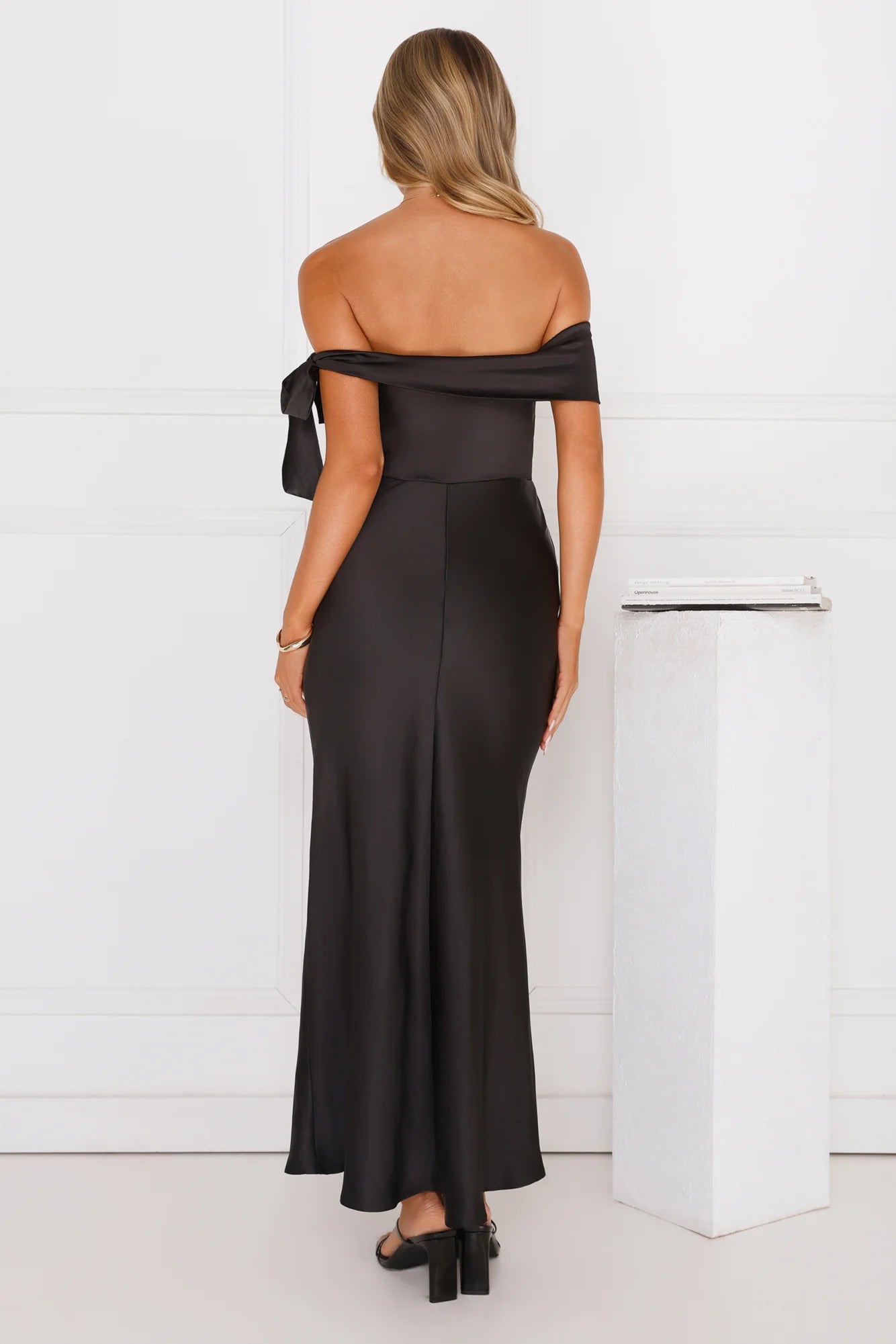 The Hype Off Shoulder Satin Midi Dress Black