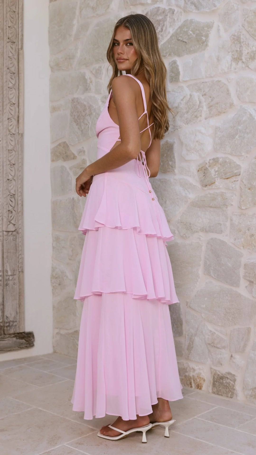 Sleeveless Ruffled Layered Backless Maxi Dress