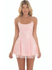 Kelsey Rhinestone Sequin Flared Dress in Pink