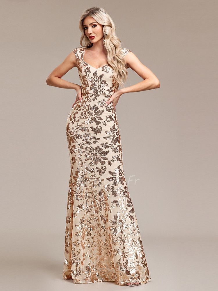 Glamour Robe de Soirée Moulante Longue Gold Dorée Brillante Epaule Couverte