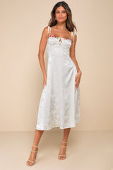 Ethereal Muse Cream Satin Jacquard Embroidered Midi Dress