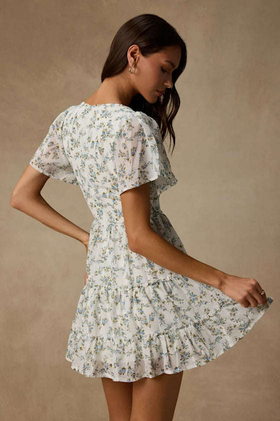 So True White Floral Print Tiered Short Sleeve Mini Dress