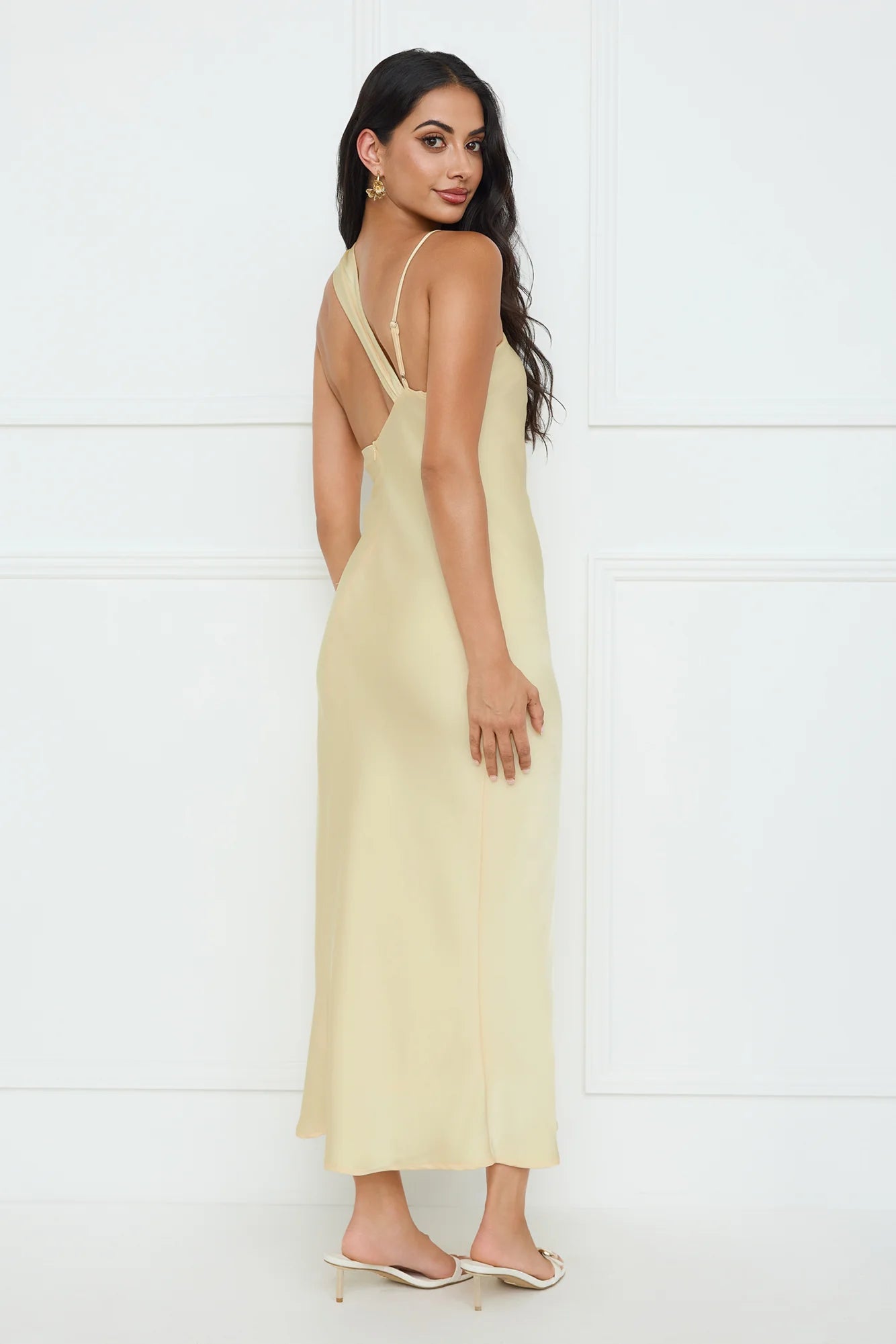 WHISPERING PALMS SATIN MIDI DRESS YELLOW