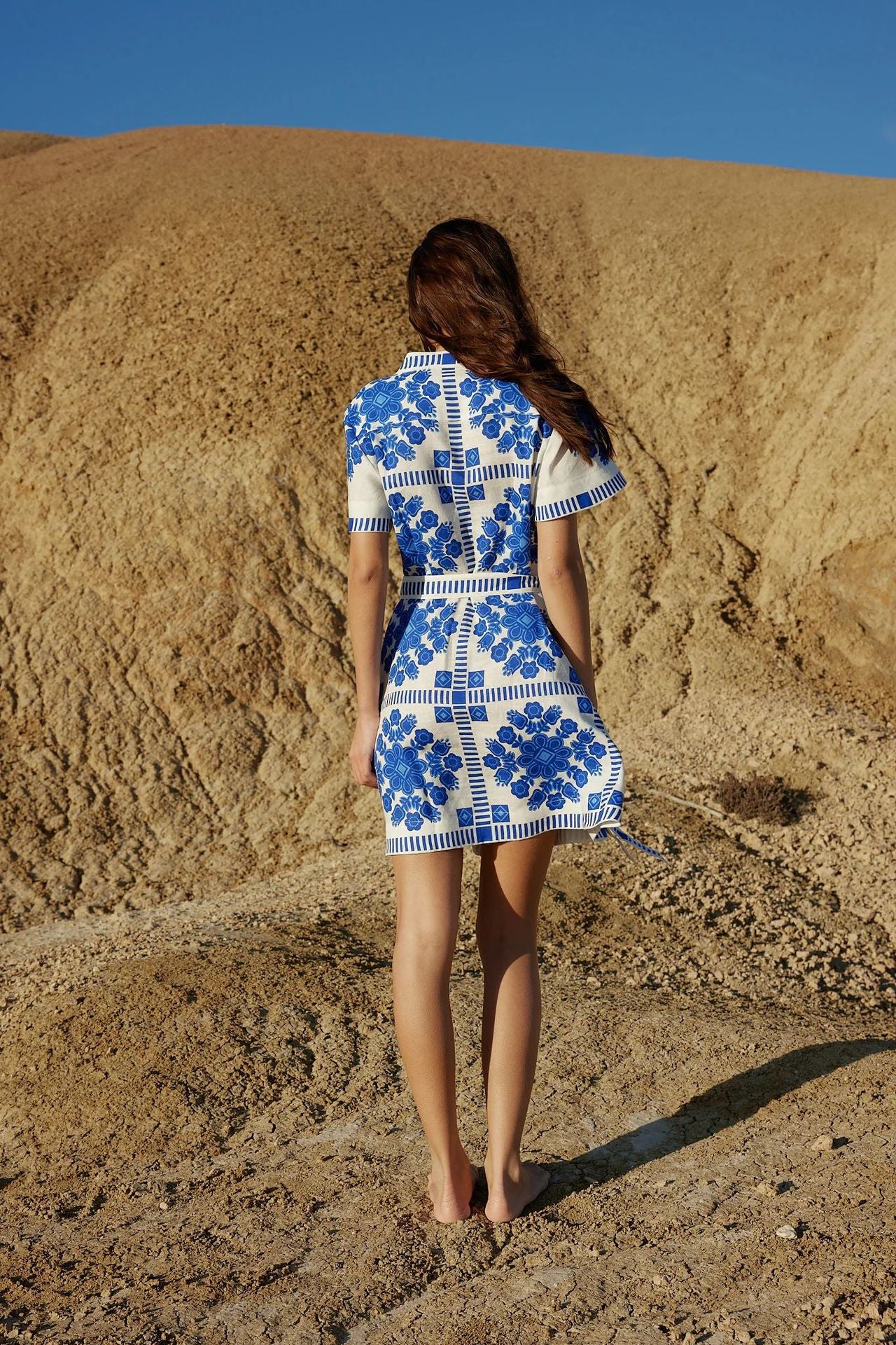 Printed Tie Waist Short Sleeve Mini Dress