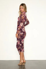 Impressive Flirt Plum Floral Mesh Ruched Mock Neck Midi Dress