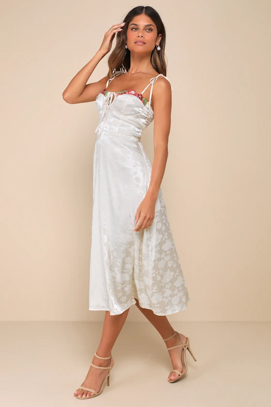 Ethereal Muse Cream Satin Jacquard Embroidered Midi Dress