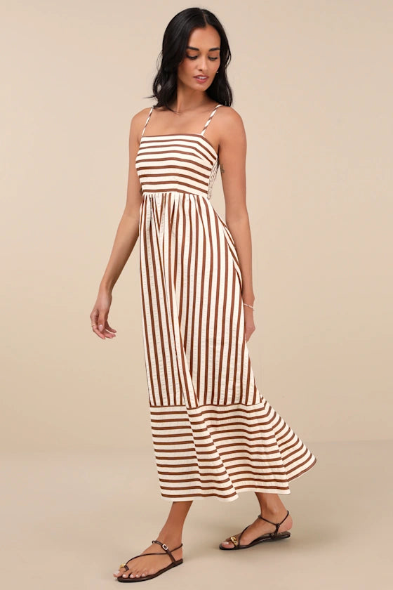 Exceptionally Pristine Brown and Cream Striped Cutout Midi Dress