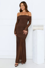 Velour Allure Off Shoulder Maxi Dress Brown