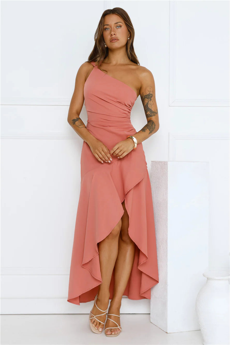 Rule Breaker One Shoulder Midi Dress Coral