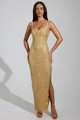 Embellished Scoop-Neck Maxi Dress in Gold