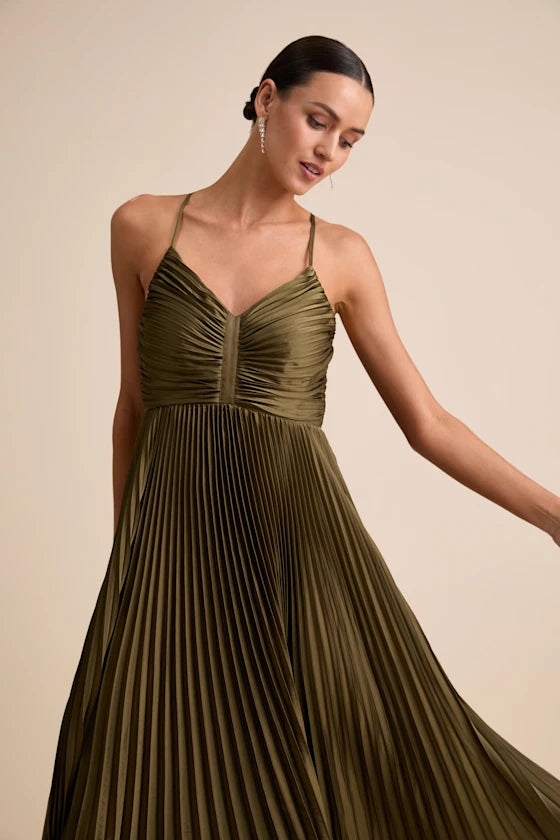 Olive Green Maxi Dress - Open Back Dress- Pleated Satin Dress - Lulus