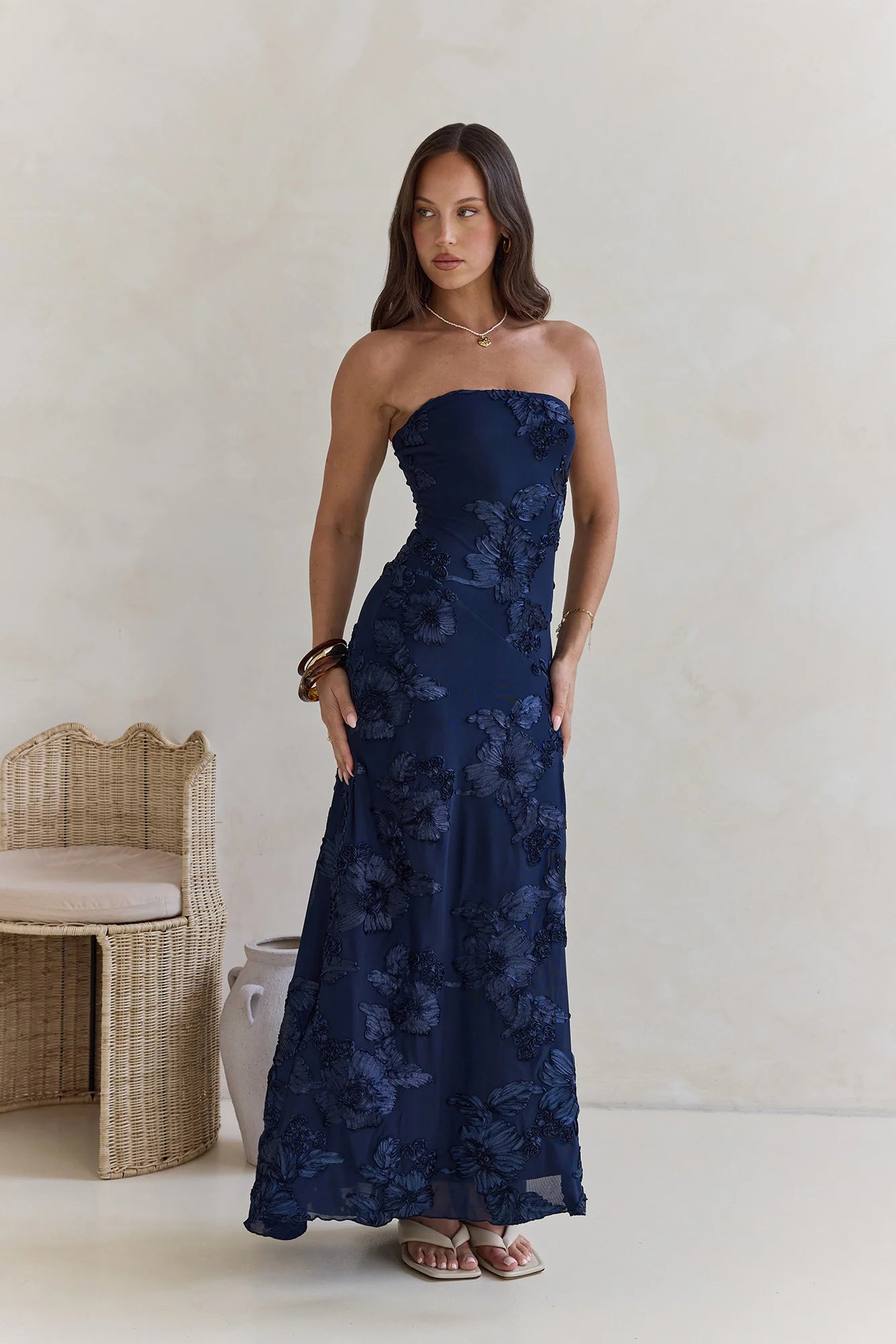 Under A Spell Strapless Mesh Maxi Dress Navy