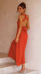 Casual Red Cotton A-Line Midi Dress