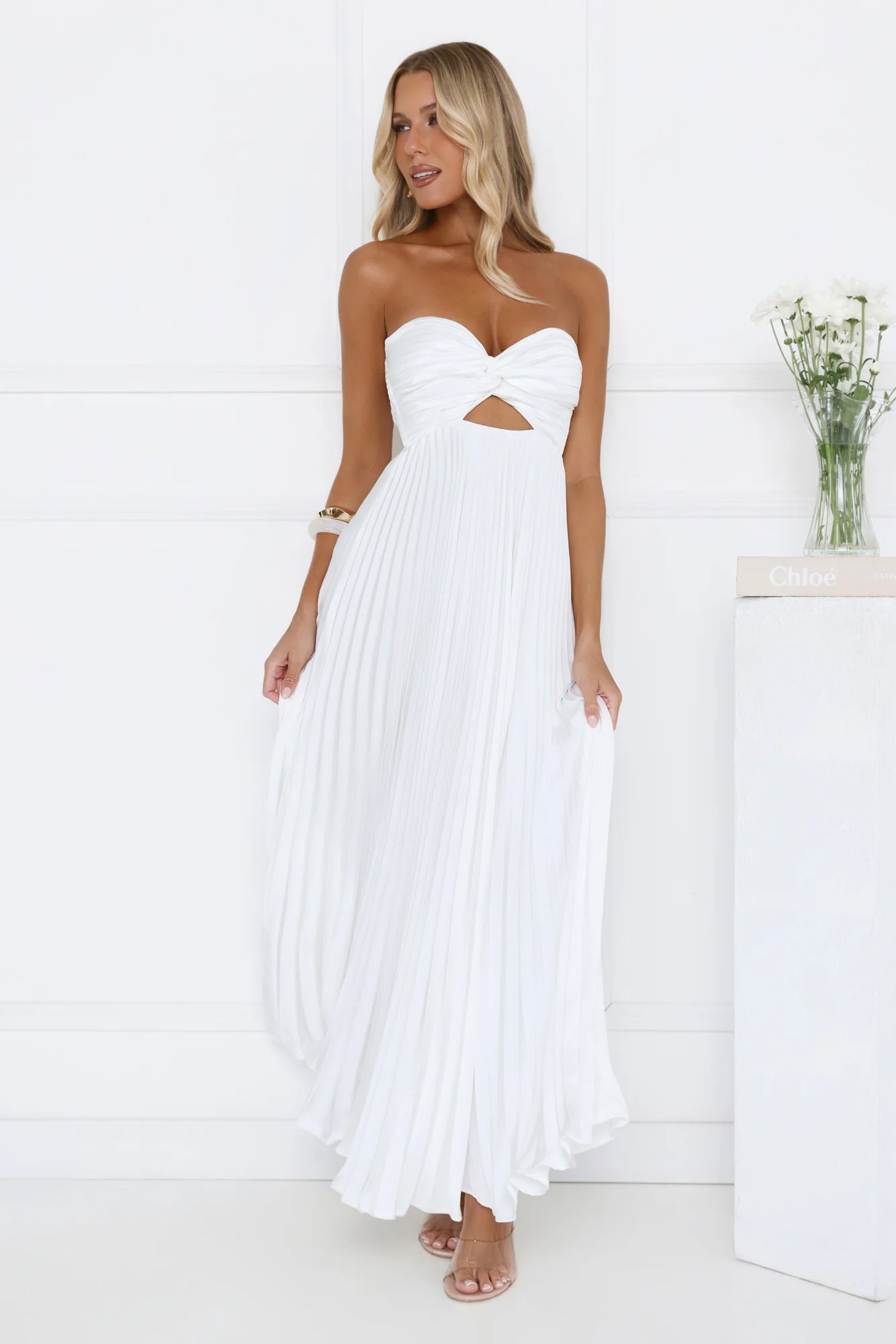 Dance Floor Darling Pleated Strapless Maxi Dress White