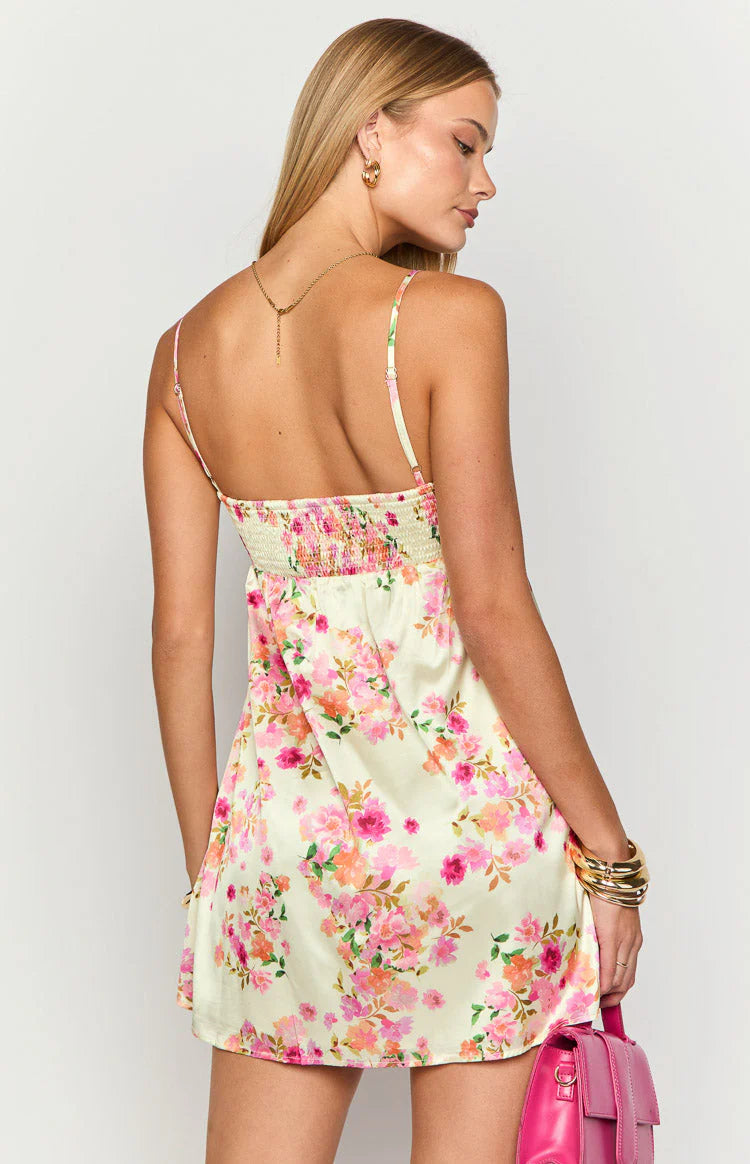 Elsa Yellow Bloom Satin Mini Dress