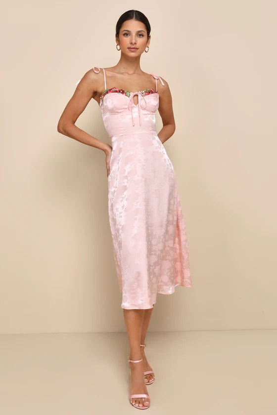 Ethereal Muse Light Pink Satin Jacquard Embroidered Midi Dress