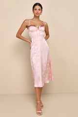 Ethereal Muse Light Pink Satin Jacquard Embroidered Midi Dress