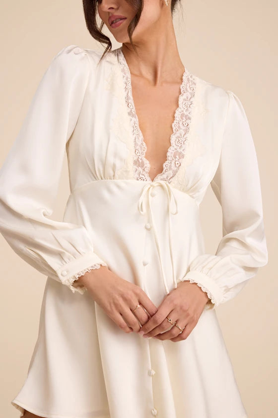 Goldia Ivory Satin Long Sleeve Babydoll Mini Dress