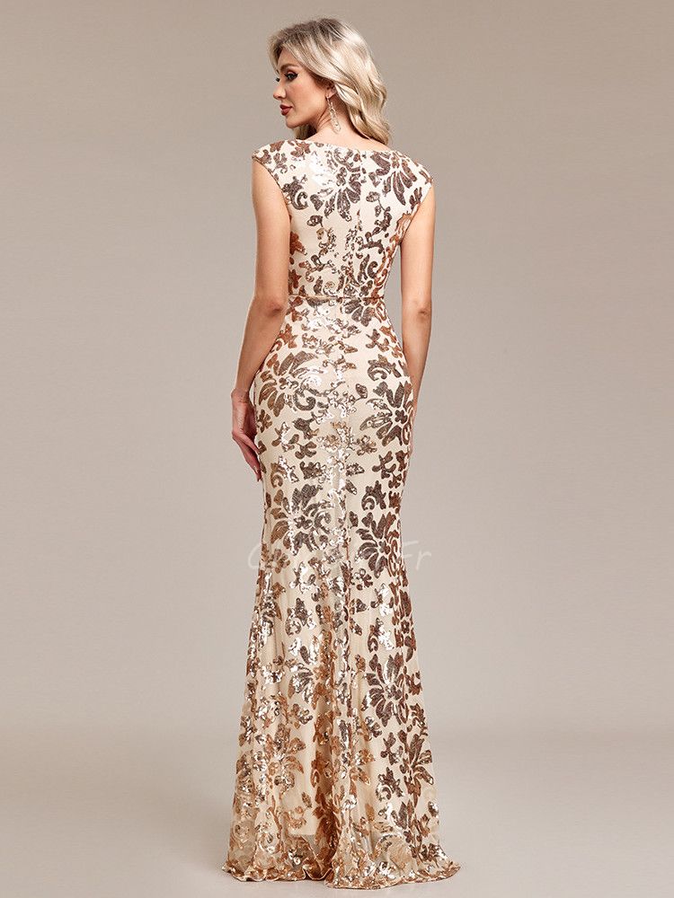 Glamour Robe de Soirée Moulante Longue Gold Dorée Brillante Epaule Couverte