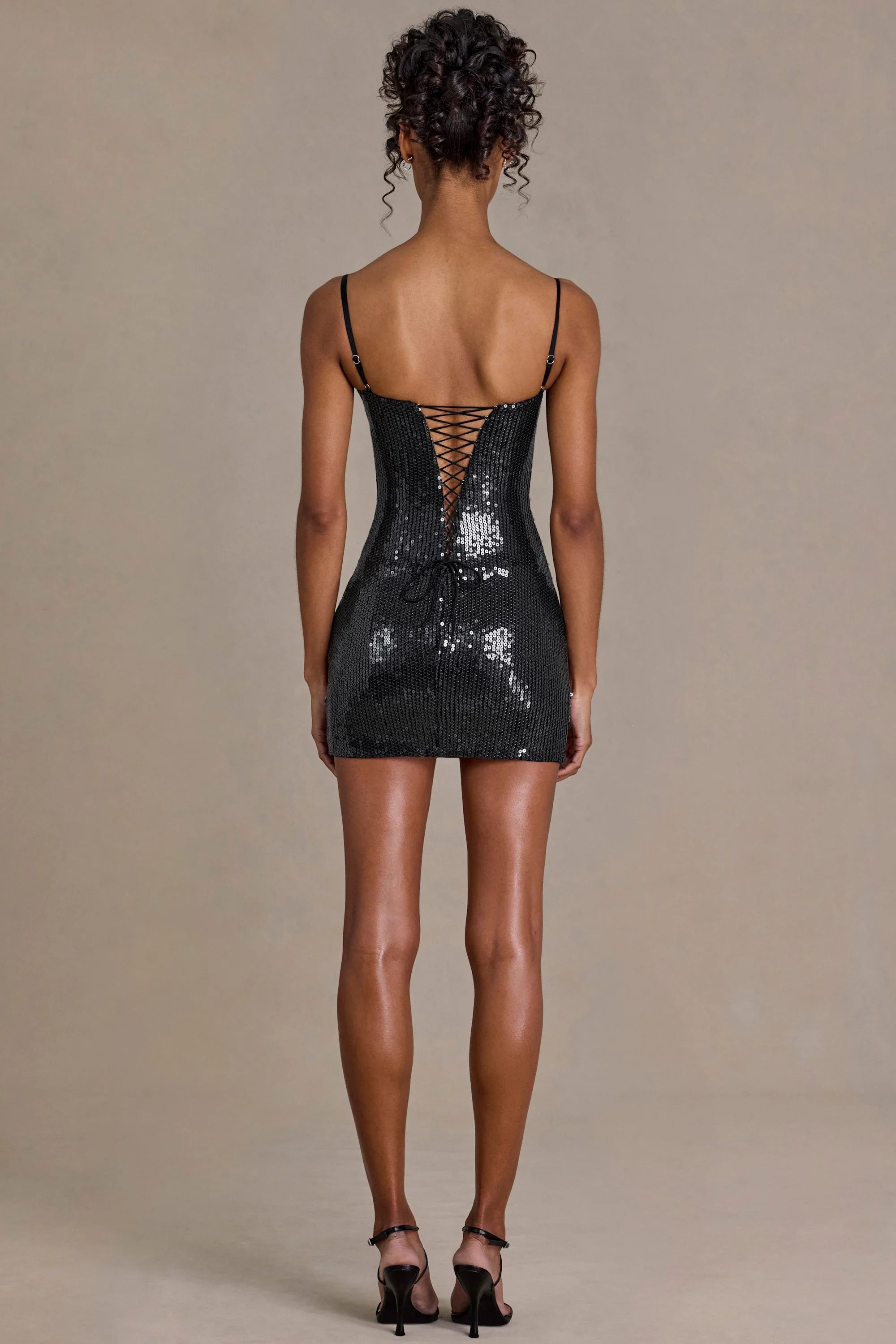 Sequin Lace Corset Mini Dress in Black