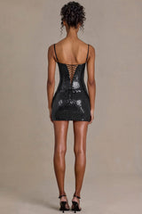 Sequin Lace Corset Mini Dress in Black