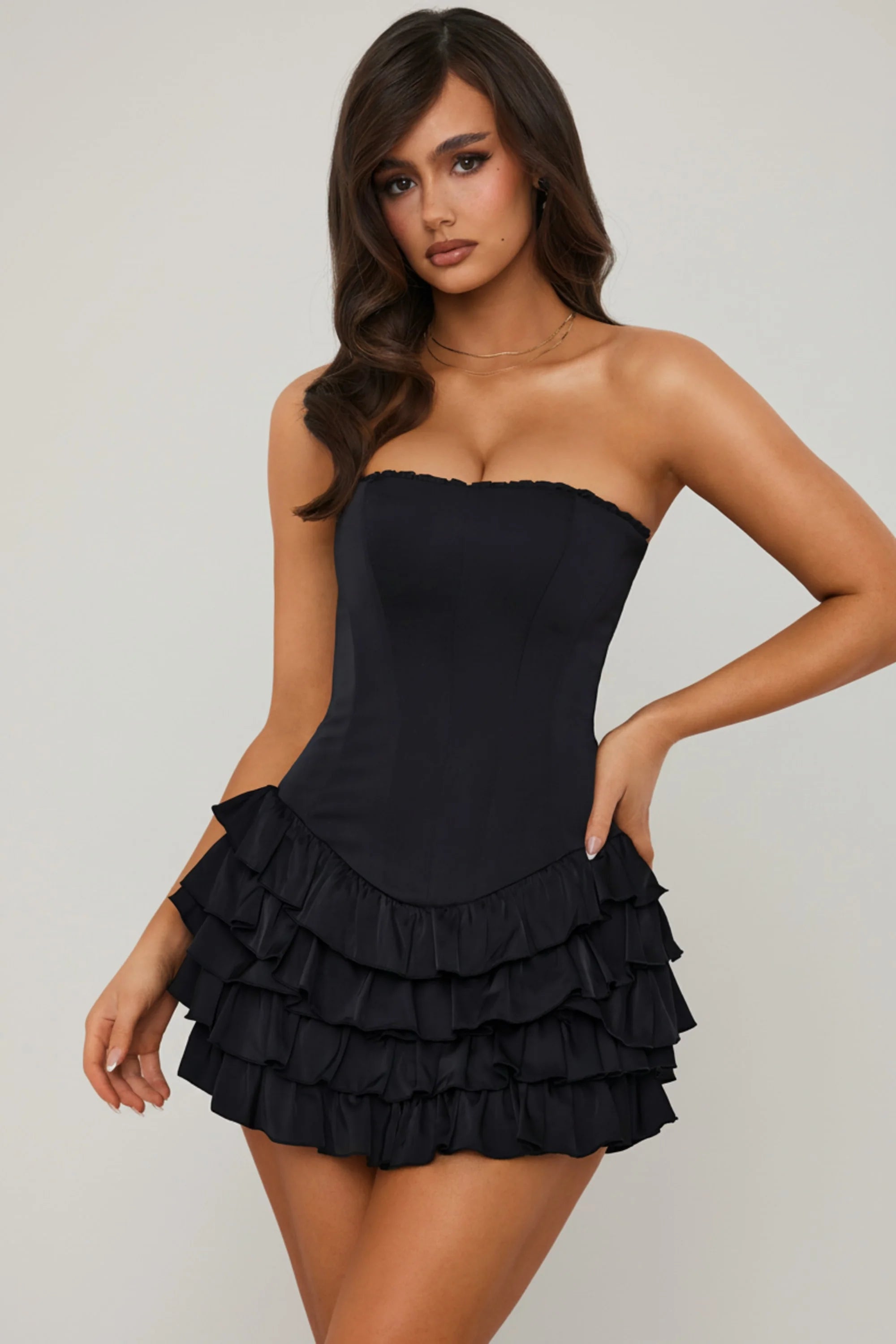 Bandeau Ruffled Tiered Corset Mini Dress in Black