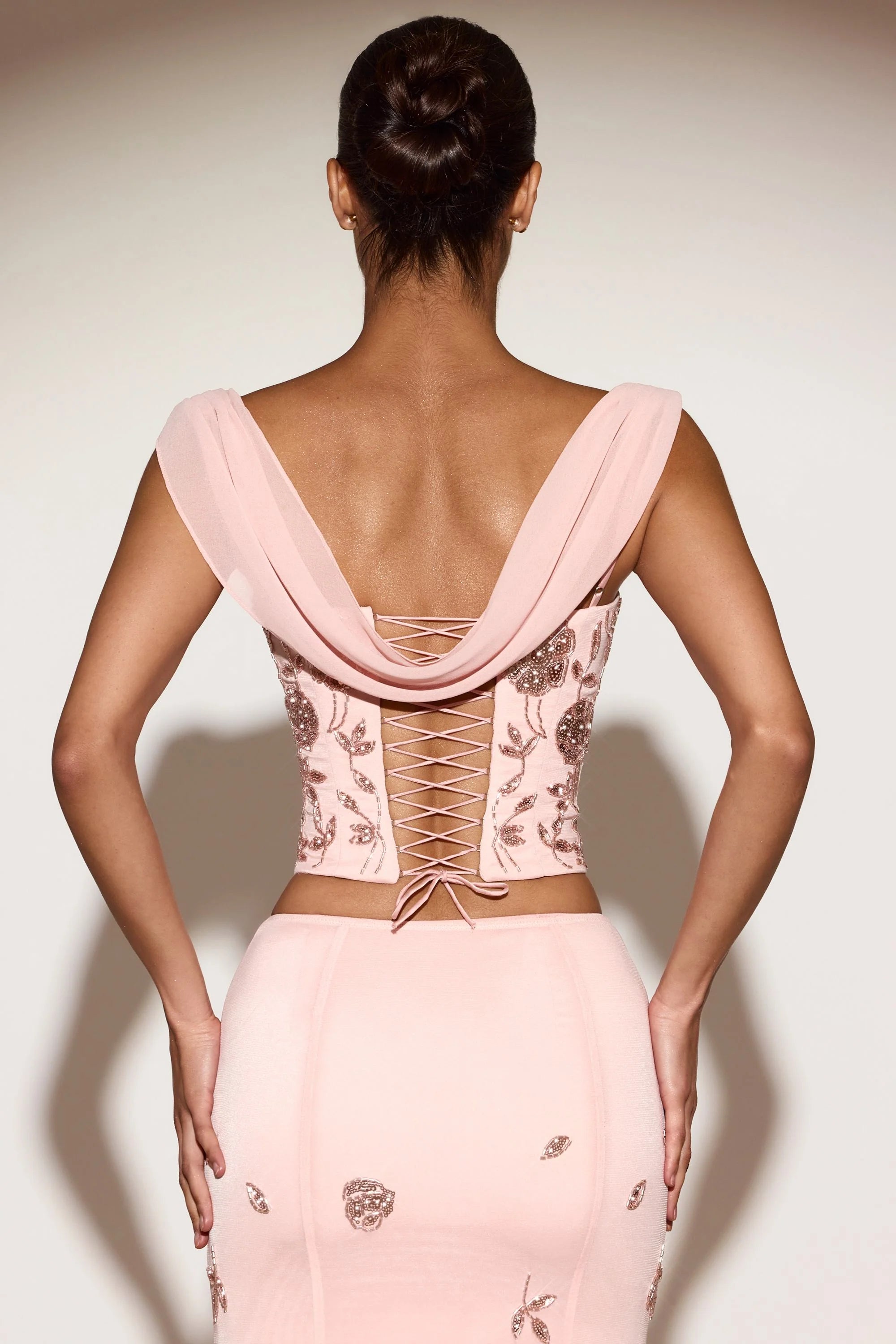 Embellished Draped Lace-Up Corset Top  in Pink