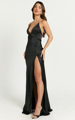 Phillippa Maxi Dress - Diamonte Strap Plunge Bias Cut Satin Dress in Black