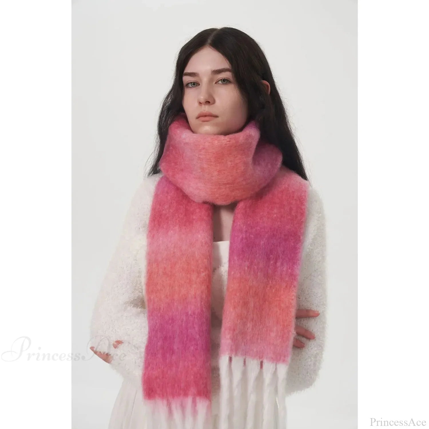 Light Luxury Gradient Color Wool Striped Fringed Mohair Scarf