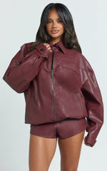 Rosetta Jacket - Oversized Faux Leather Bomber Jacket in Wine