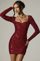 Embellished Sweetheart-Neck Mini Dress in Red