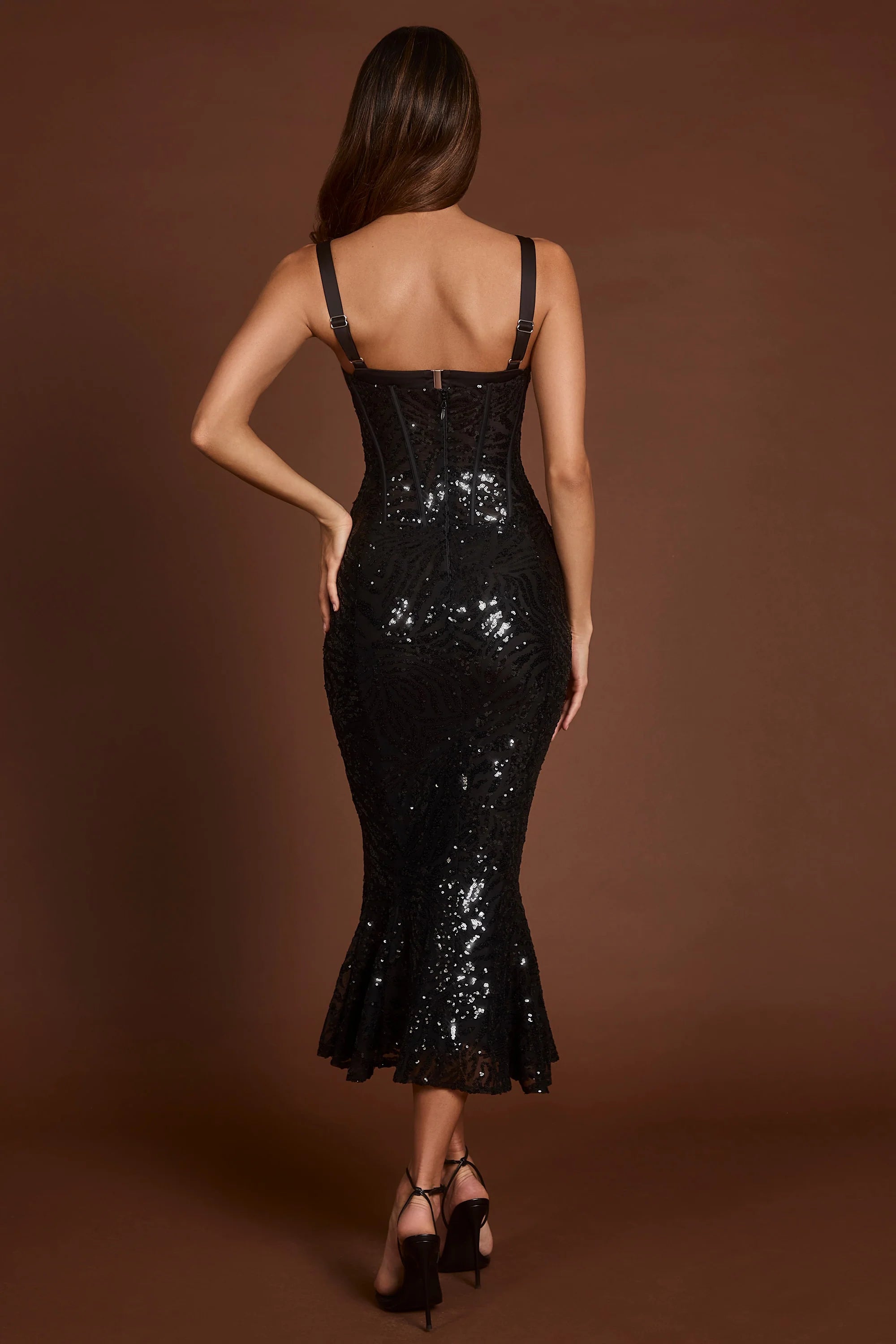Embellished Peekaboo Corset Midaxi Dress in Black Zebra
