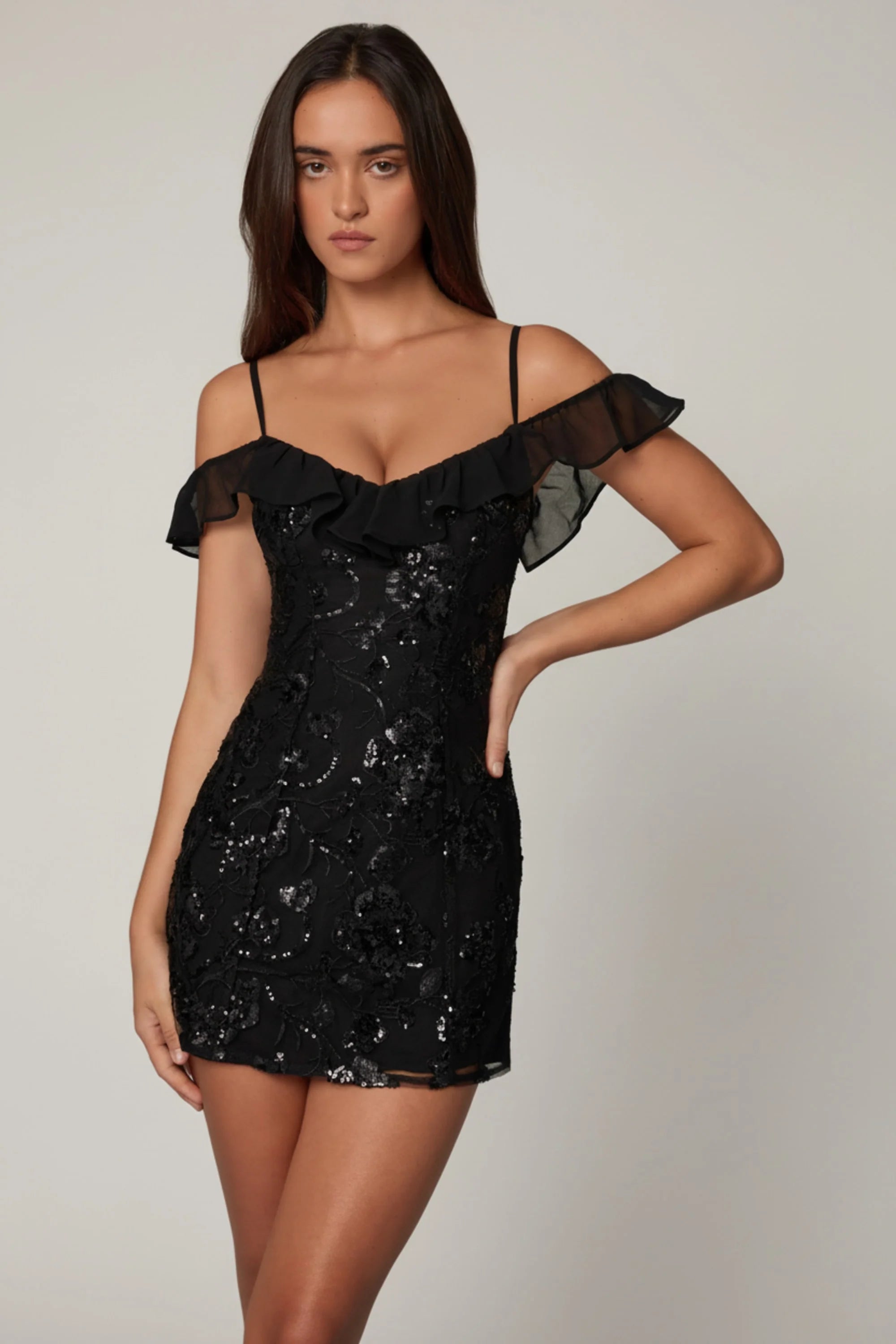 Embellished Lace-Up A-Line Mini Dress in Black