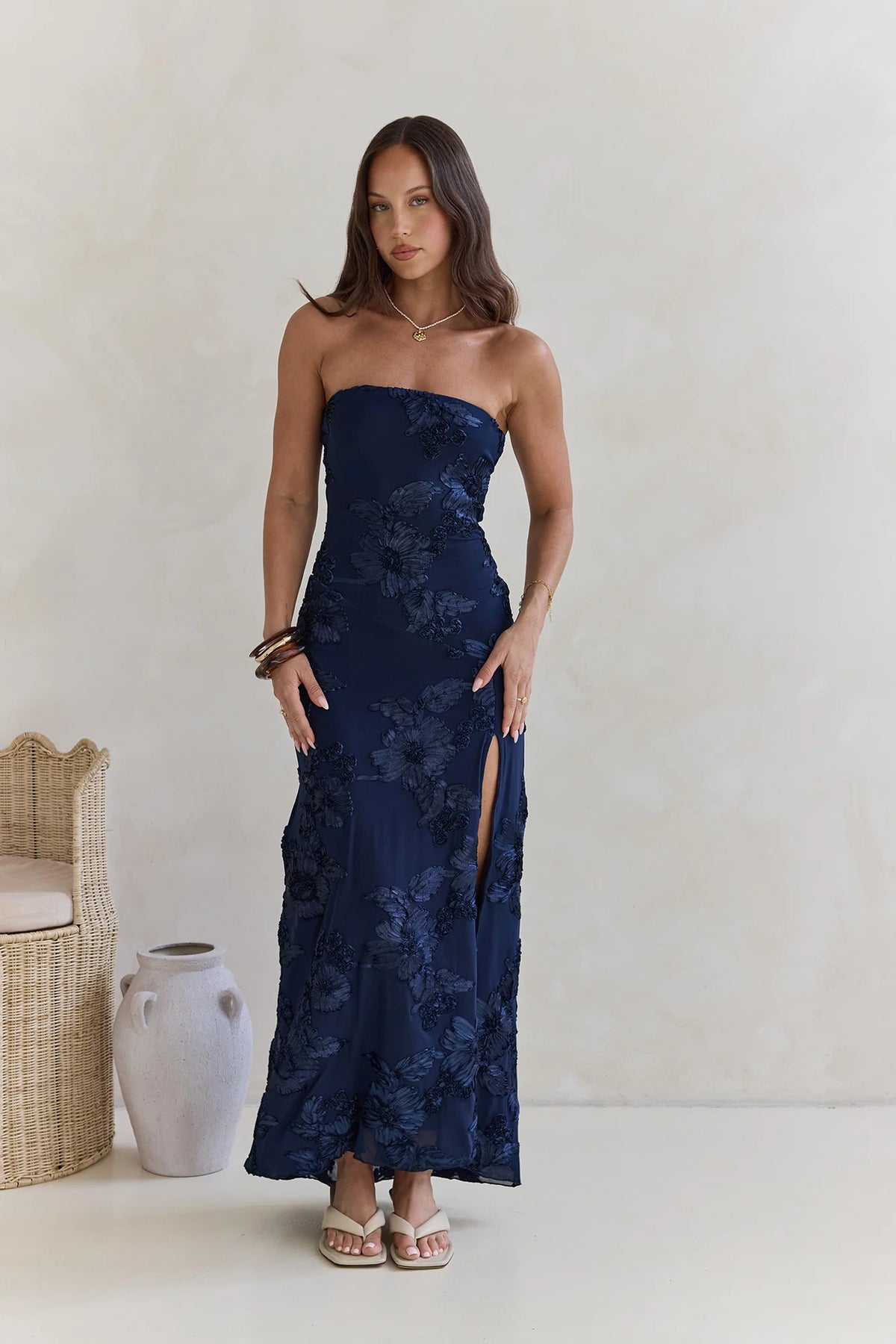 Under A Spell Strapless Mesh Maxi Dress Navy