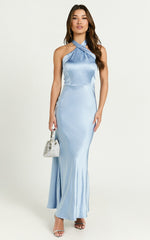 Rhianne Midi Dress - Twist Halter Neck Open Back Satin Dress in Light Blue