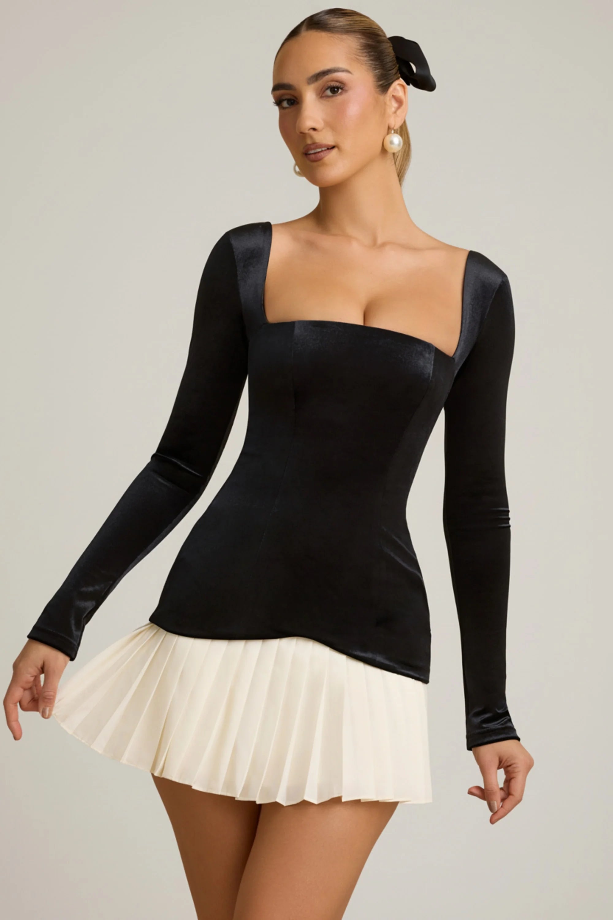 Layered Pleated Corset Mini Dress in Black